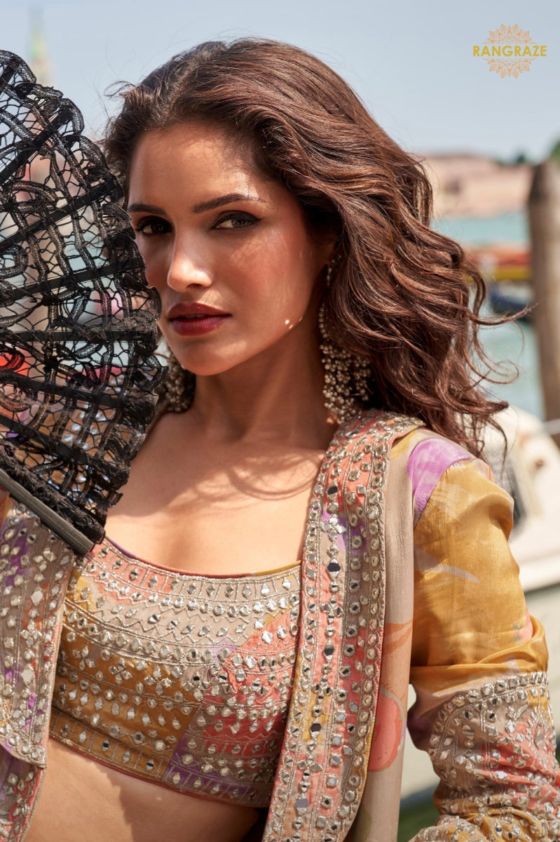 Mustard Multicolour Floral Jacket Chinon Sharara Choli Suit Set
