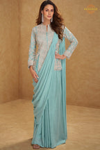 Mint Aura Pure Georgette Saree Style Suit Set with Hand Embroidery