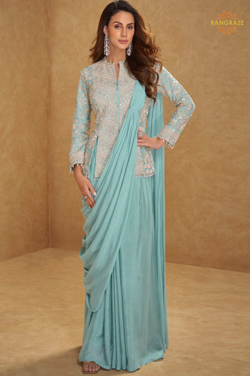 Mint Aura Pure Georgette Saree Style Suit Set with Hand Embroidery
