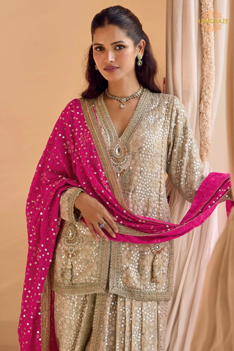 Ivory Gold Sequined Georgette Dhoti Pant Suit Set with Magenta Dupatta