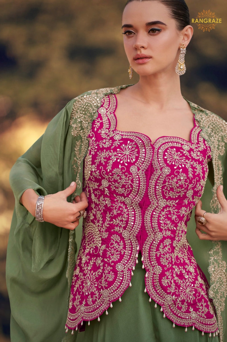 Olive Zaria Chinnon Silk Jacket Suit Set