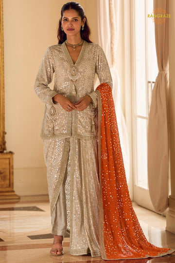 Champagne Gold Sequined Georgette Dhoti Pant Set with Orange Dupatta