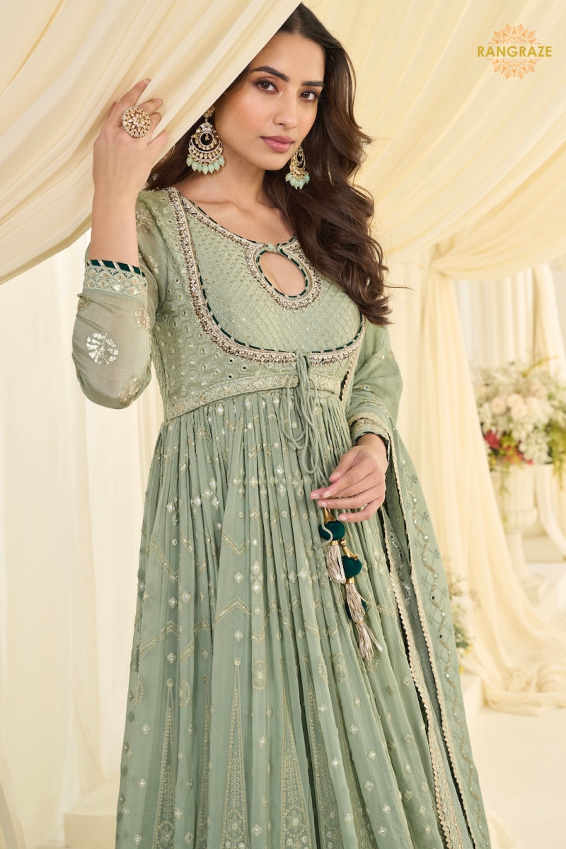 Sage Noor Premium Georgette Anarkali Gown Set