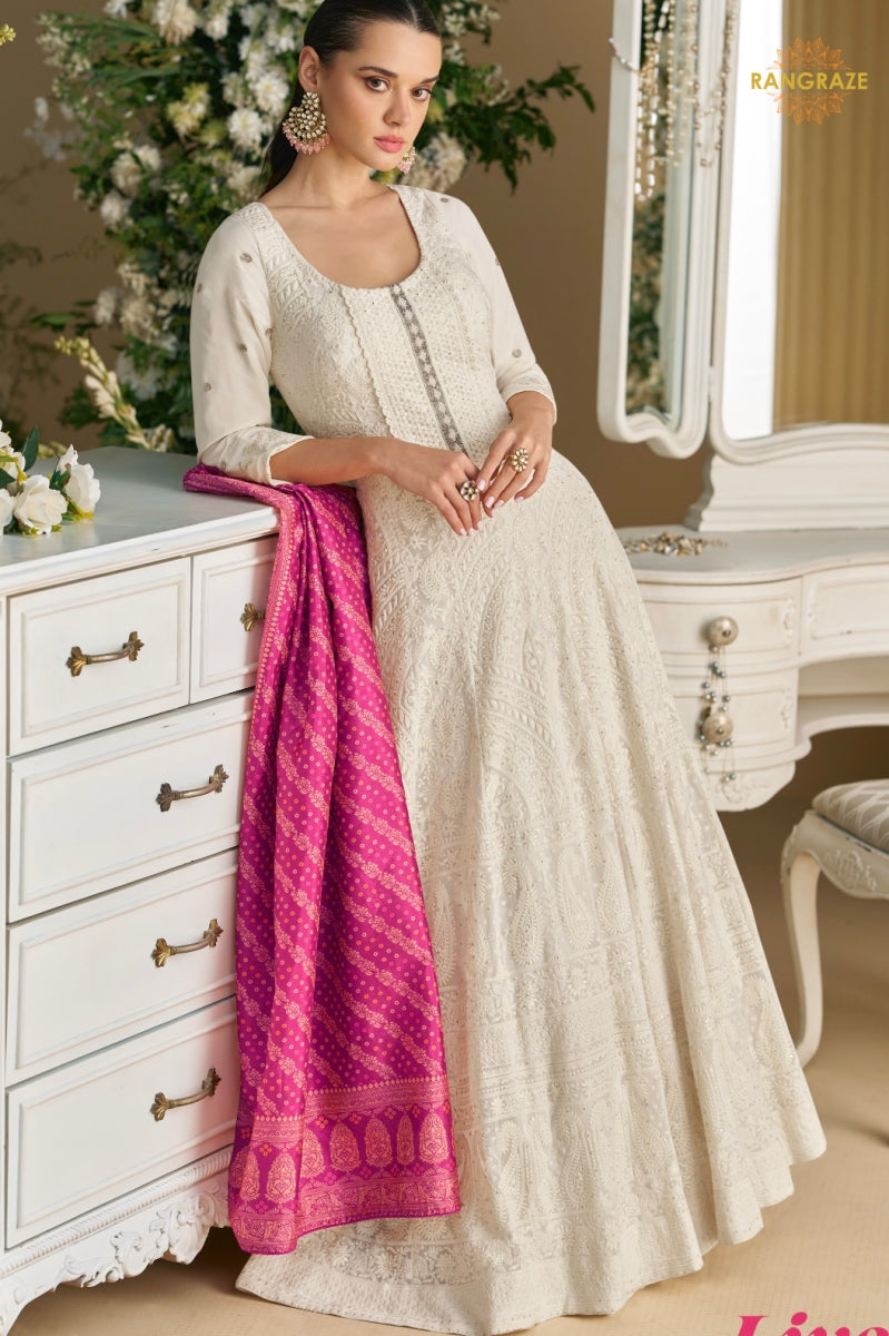 Off-White Premium Georgette Anarkali Suit Set