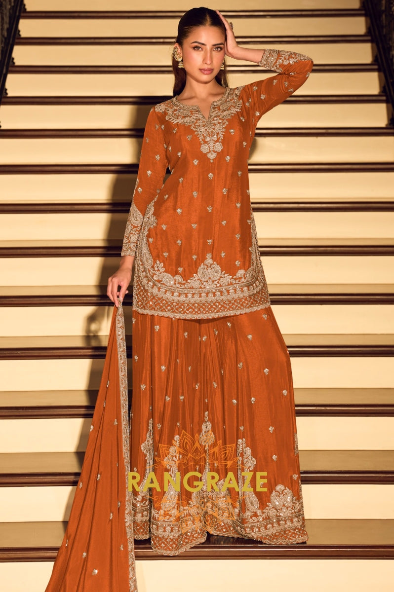 Festive Orange Premium Chinnon Silk Suit Set