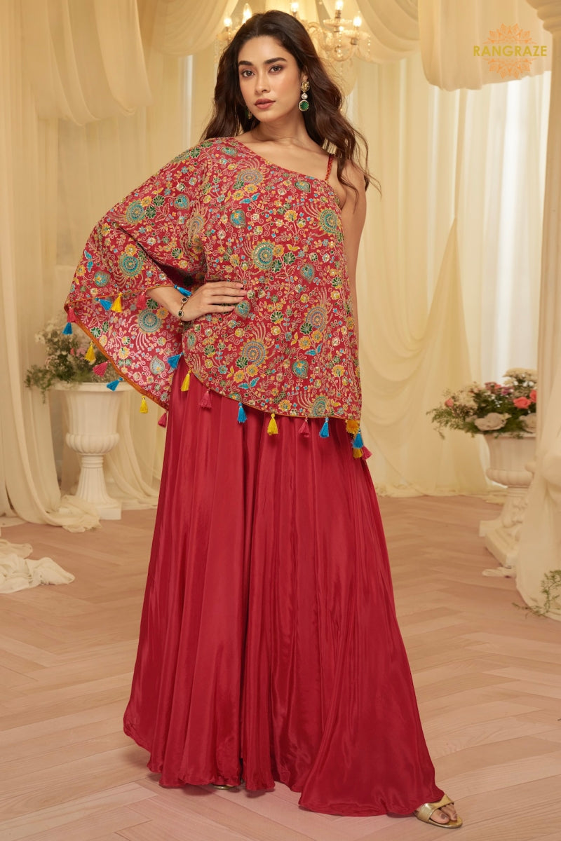 Ruby Folk Crepe Poncho Palazzo Suit Set