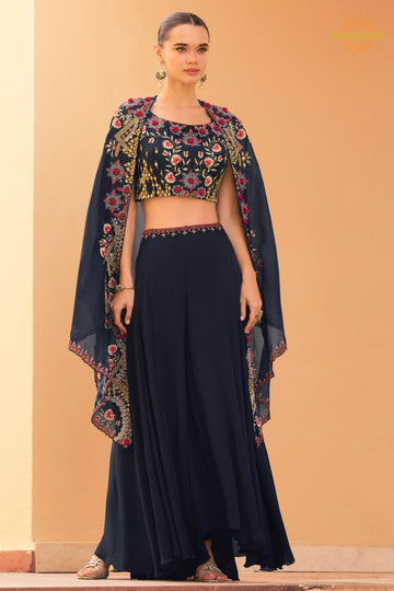 Navy Blue Floral Embroidered Shrug with Blouse and Palazzo Suit Set