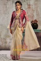 Beige Crystal Organza Satin One Minute Saree with Readymade Embroidered Jacket, Blouse & Belt