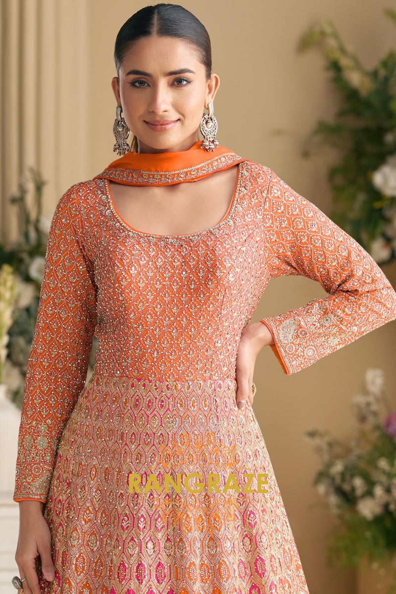 Orange Peach Premium Georgette Designer Anarkali Suit Set