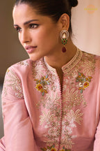 Dusty Rose Silk Embroidered Long Jacket Readymade Suit Set