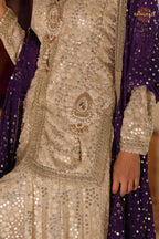 Champagne Gold Sequined Georgette Dhoti Pant Suit Set with Purple Dupatta