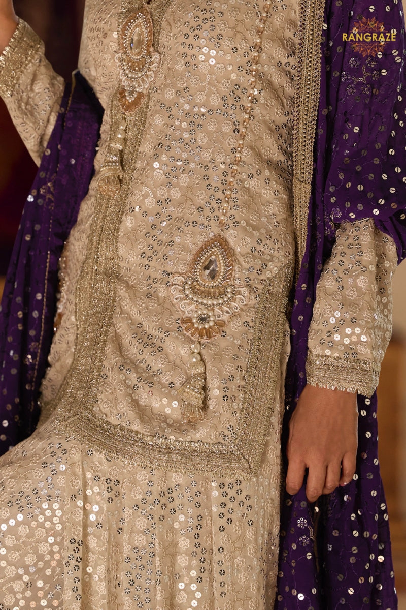 Champagne Gold Sequined Georgette Dhoti Pant Suit Set with Purple Dupatta
