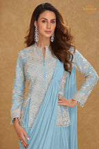 Powder Blue Chinnon Saree Style Suit Set with Hand Embroidery & Tassels