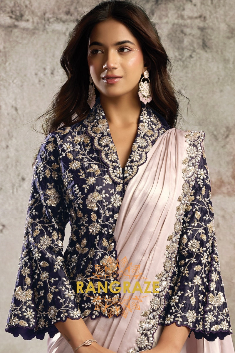 Metallic Blush Glossy Satin One Minute Saree with Readymade Embroidered Designer Blazer Blouse
