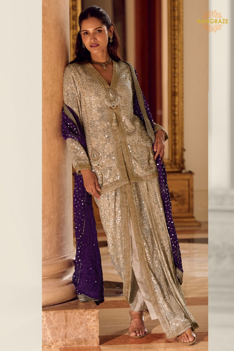 Champagne Gold Sequined Georgette Dhoti Pant Suit Set with Purple Dupatta