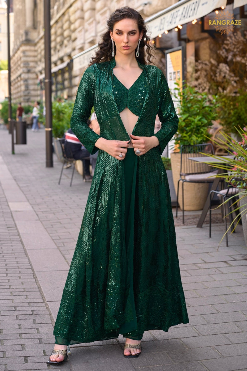 Emerald Green Sequined Georgette Palazzo Suit Set