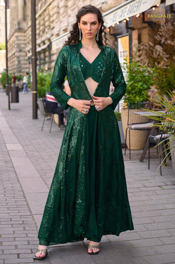 Emerald Green Sequined Georgette Palazzo Suit Set