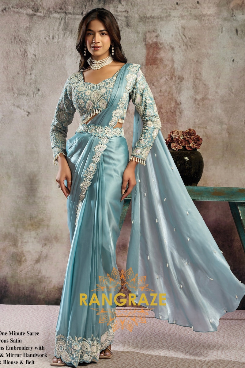 Ice Blue Lustrous Satin One Minute Saree with with Readymade Designer Blouse & Belt