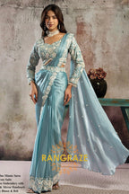 Ice Blue Lustrous Satin One Minute Saree with with Readymade Designer Blouse & Belt