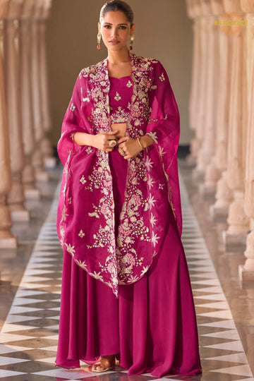 Magenta Pink Botanical Embroidered Shrug with Blouse and Palazzo Suit Set