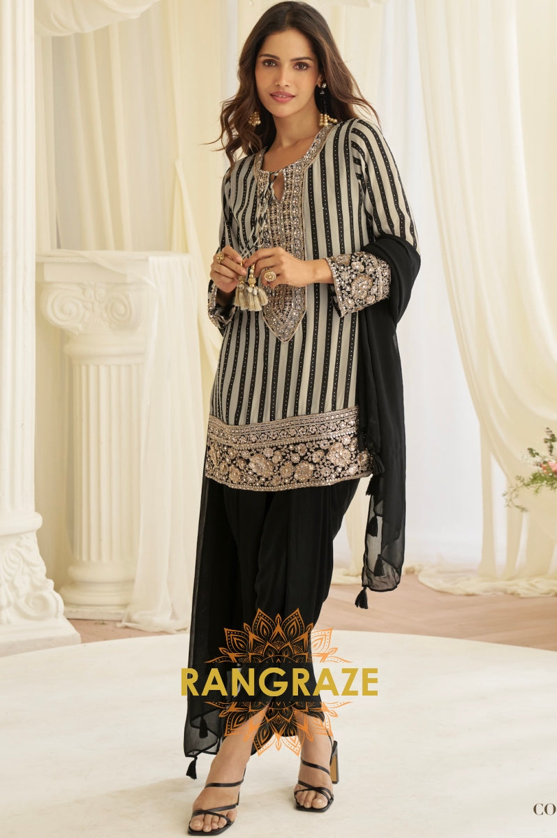 Black & Ivory Natural Crepe Silk Embroidered Suit Set