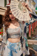 Grey Blue Abstract Floral Jacket Chinon Sharara Choli Suit Set