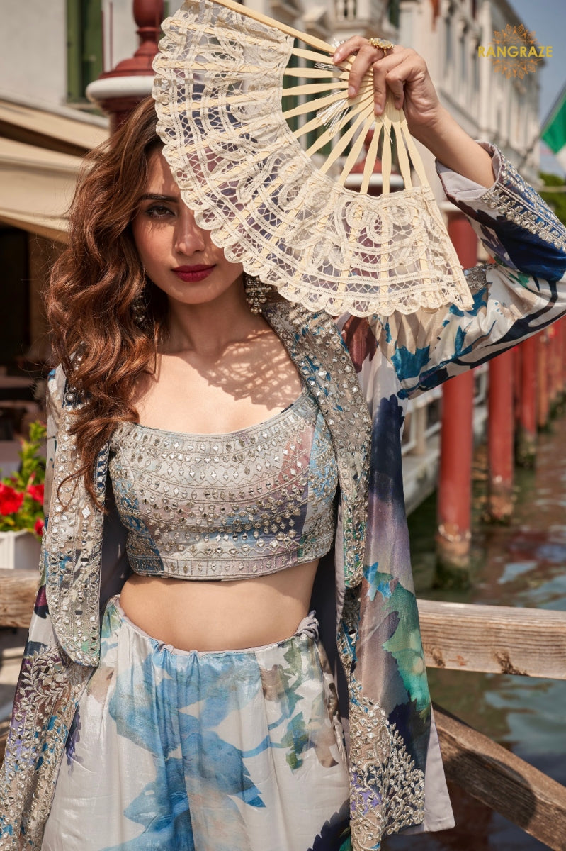 Grey Blue Abstract Floral Jacket Chinon Sharara Choli Suit Set