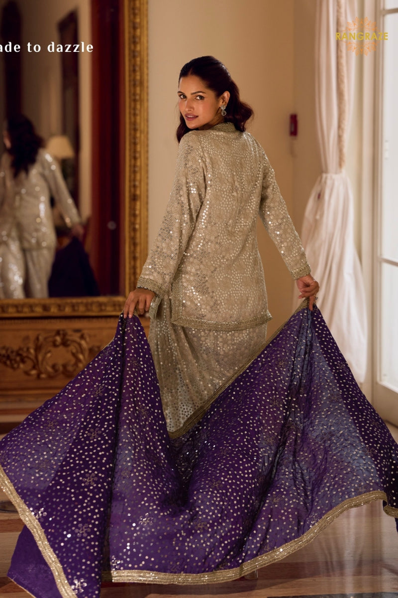 Champagne Gold Sequined Georgette Dhoti Pant Set with Purple Dupatta