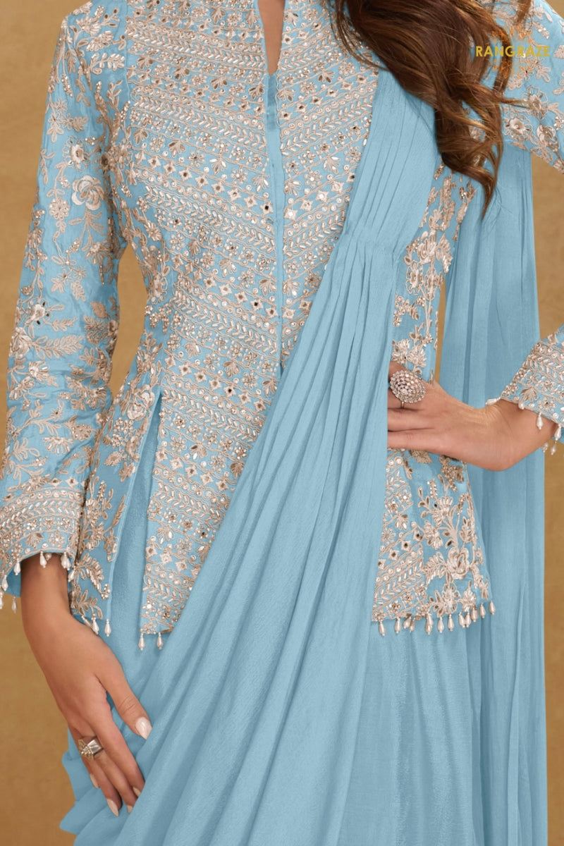 Powder Blue Chinnon Saree Style Suit Set with Hand Embroidery & Tassels