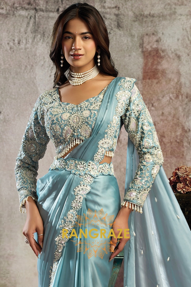 Ice Blue Lustrous Satin One Minute Saree with with Readymade Designer Blouse & Belt