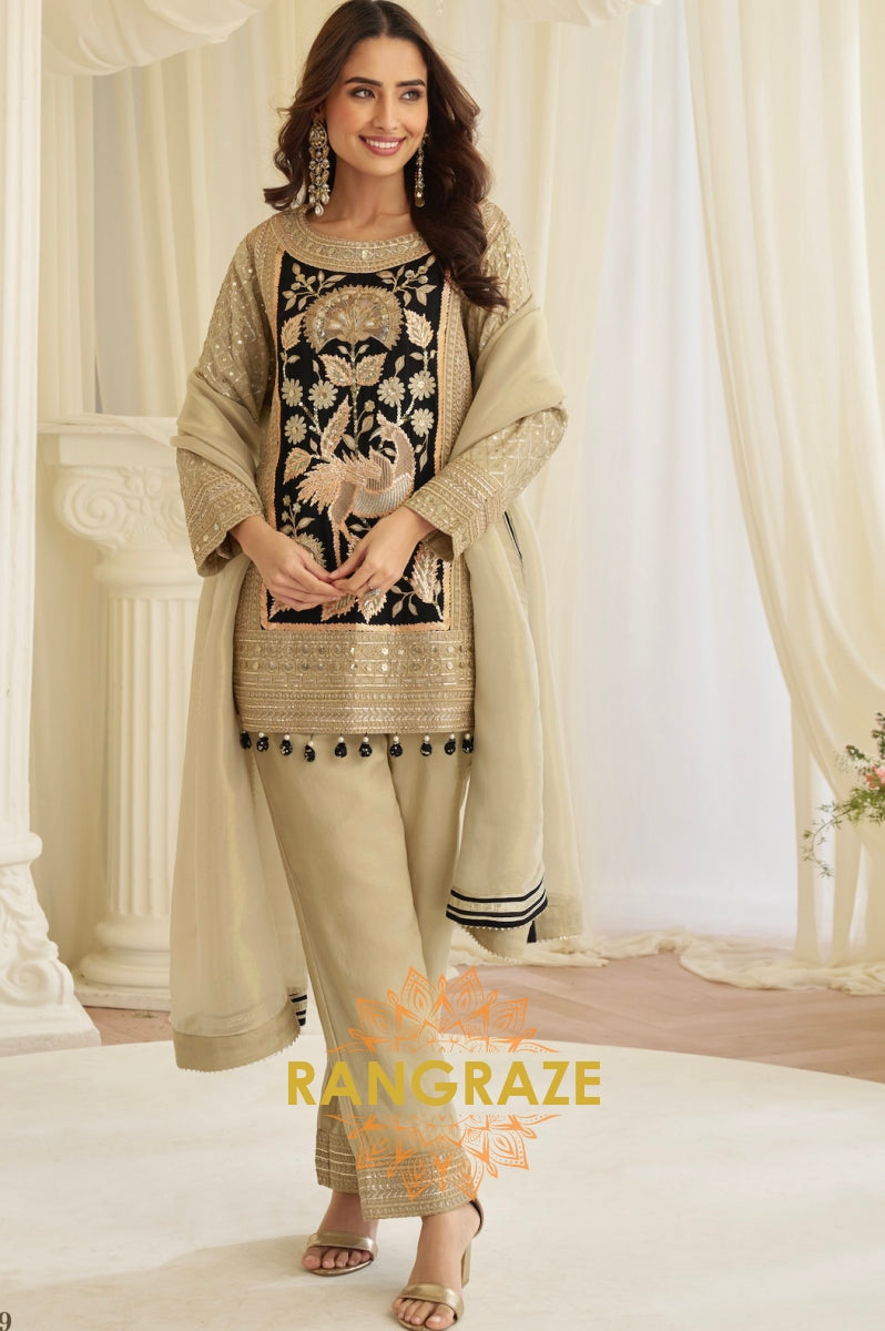 Beige & Black Natural Crepe Silk Embroidered Suit Set