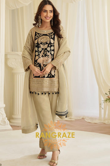 Beige & Black Natural Crepe Silk Embroidered Suit Set