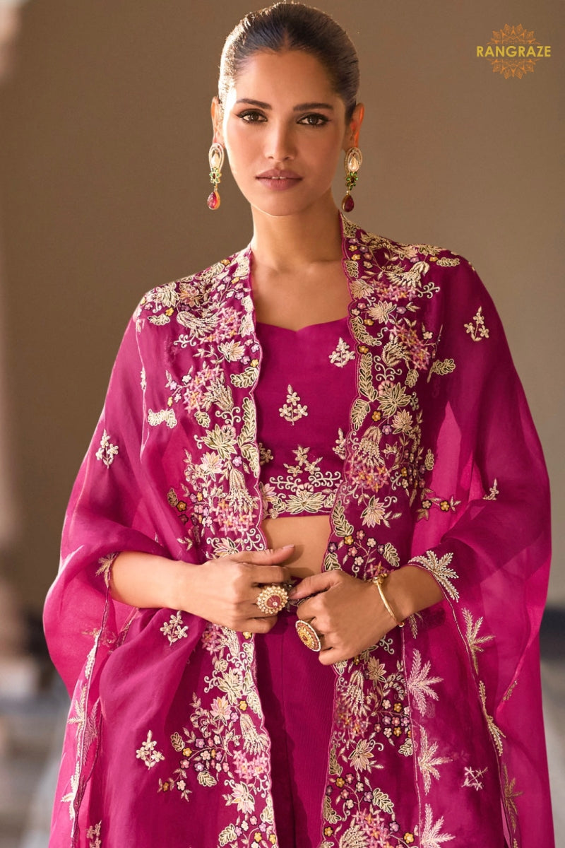 Magenta Pink Botanical Embroidered Shrug with Blouse and Palazzo Suit Set