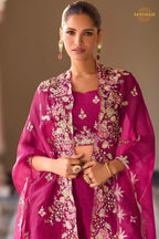 Magenta Pink Botanical Embroidered Shrug with Blouse and Palazzo Suit Set
