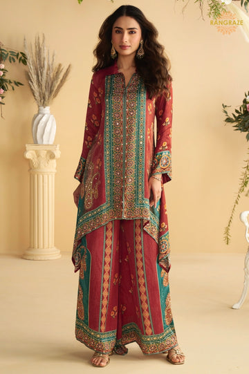 Brown Crepe Silk Embroidered Mirror Work Suit Set