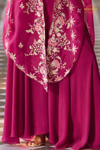 Magenta Pink Botanical Embroidered Shrug with Blouse and Palazzo Suit Set
