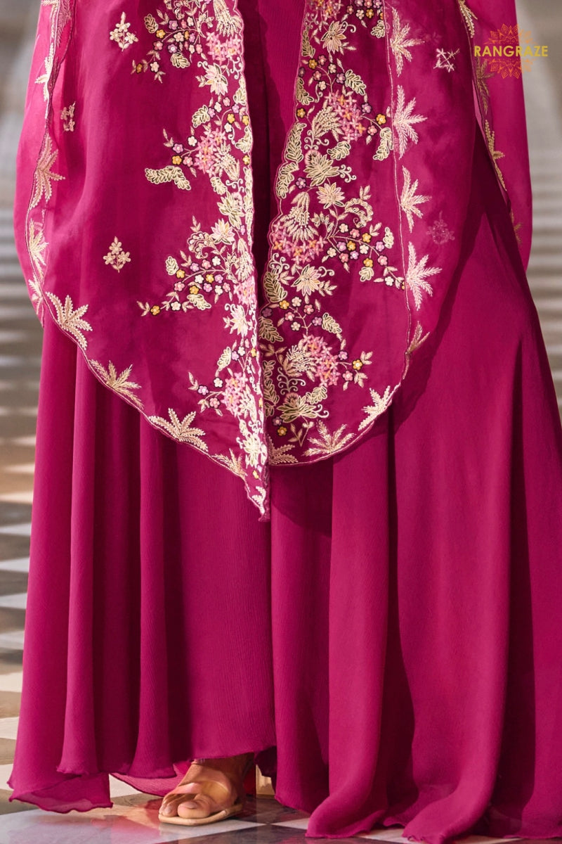 Magenta Pink Botanical Embroidered Shrug with Blouse and Palazzo Suit Set