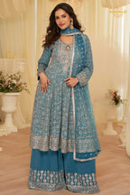 Teal Blue Georgette Anarkali Palazzo Suit Set