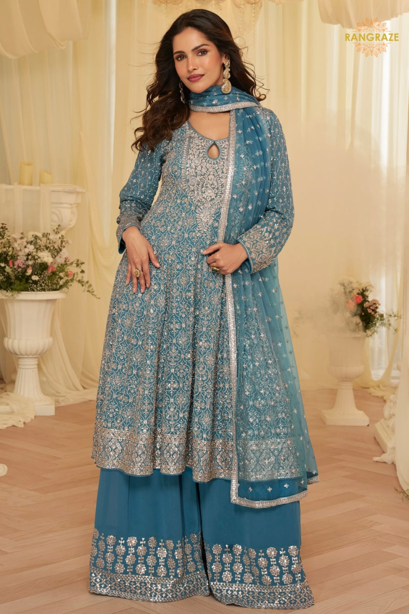 Teal Blue Georgette Anarkali Palazzo Suit Set