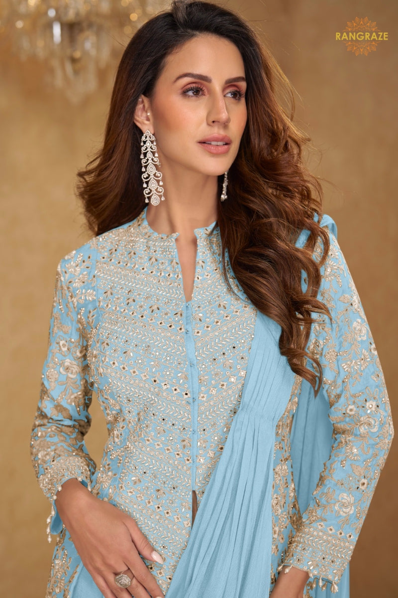 Powder Blue Chinnon Saree Style Suit Set with Hand Embroidery & Tassels