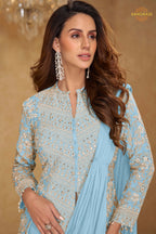 Powder Blue Chinnon Saree Style Suit Set with Hand Embroidery & Tassels