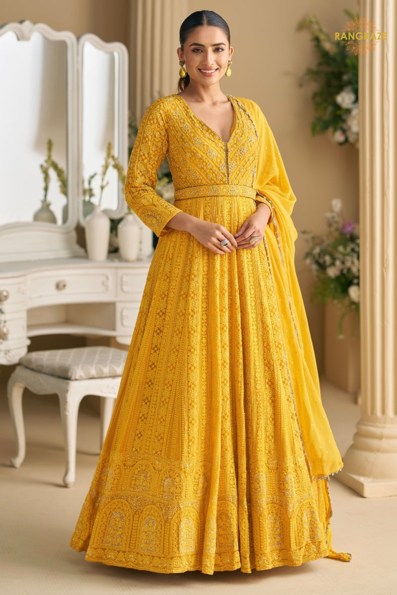 Mustard Yellow Premium Georgette Anarkali Suit Set