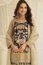 Beige & Black Natural Crepe Silk Embroidered Suit Set