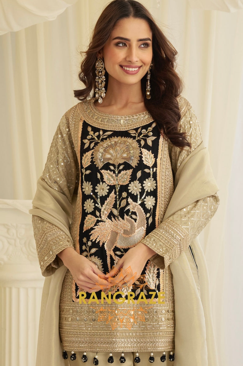 Beige & Black Natural Crepe Silk Embroidered Suit Set