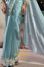 Ice Blue Lustrous Satin One Minute Saree with with Readymade Designer Blouse & Belt