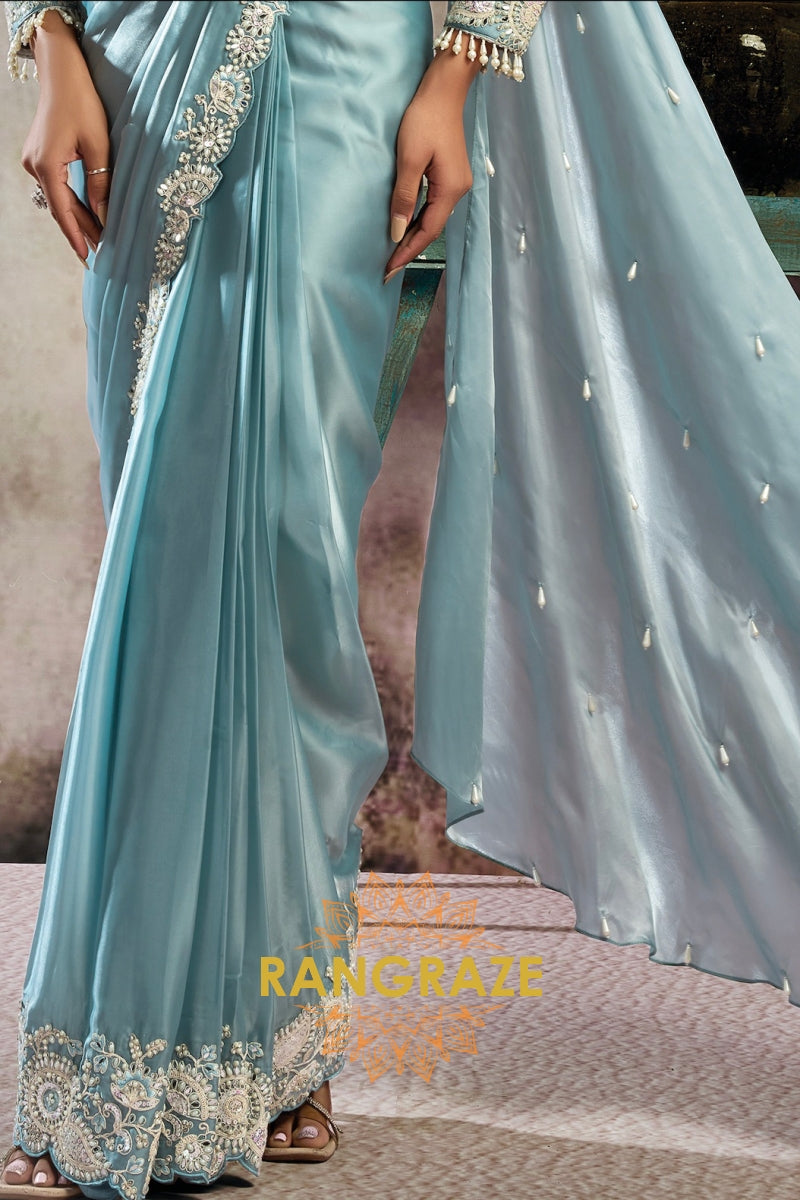 Ice Blue Lustrous Satin One Minute Saree with with Readymade Designer Blouse & Belt