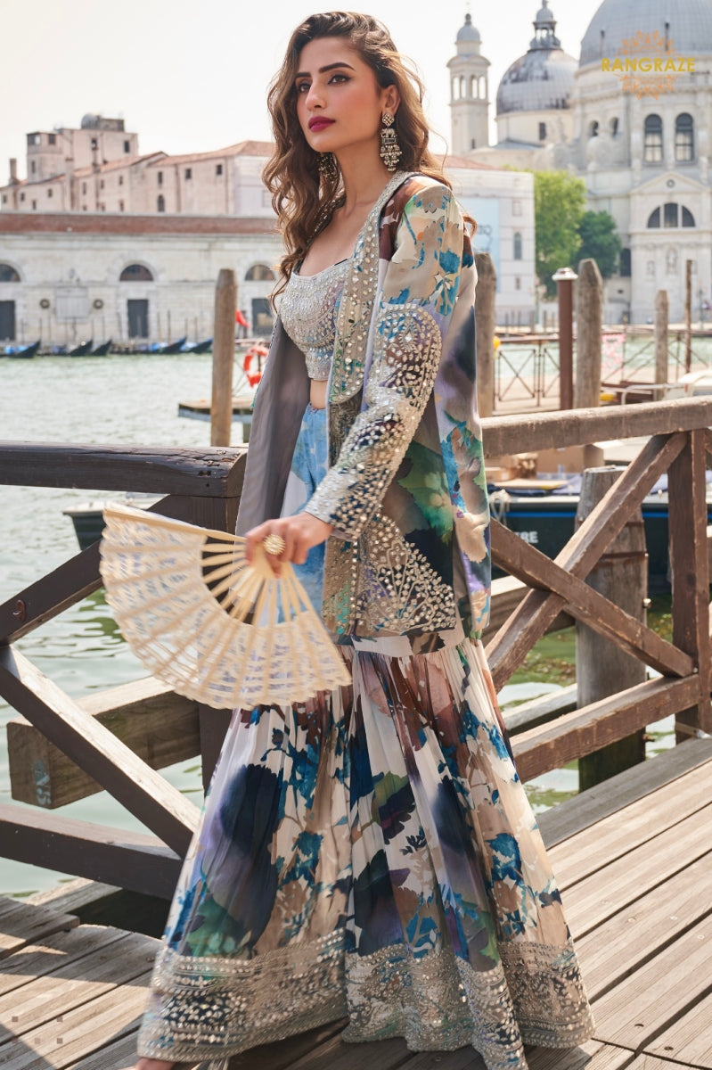 Grey Blue Abstract Floral Jacket Chinon Sharara Choli Suit Set