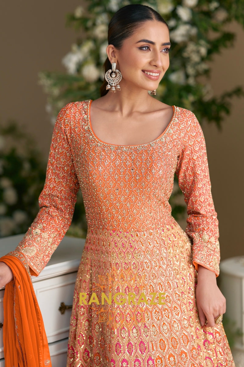 Orange Peach Premium Georgette Designer Anarkali Suit Set