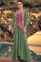 Olive Zaria Chinnon Silk Jacket Suit Set