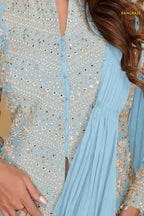 Powder Blue Chinnon Saree Style Suit Set with Hand Embroidery & Tassels